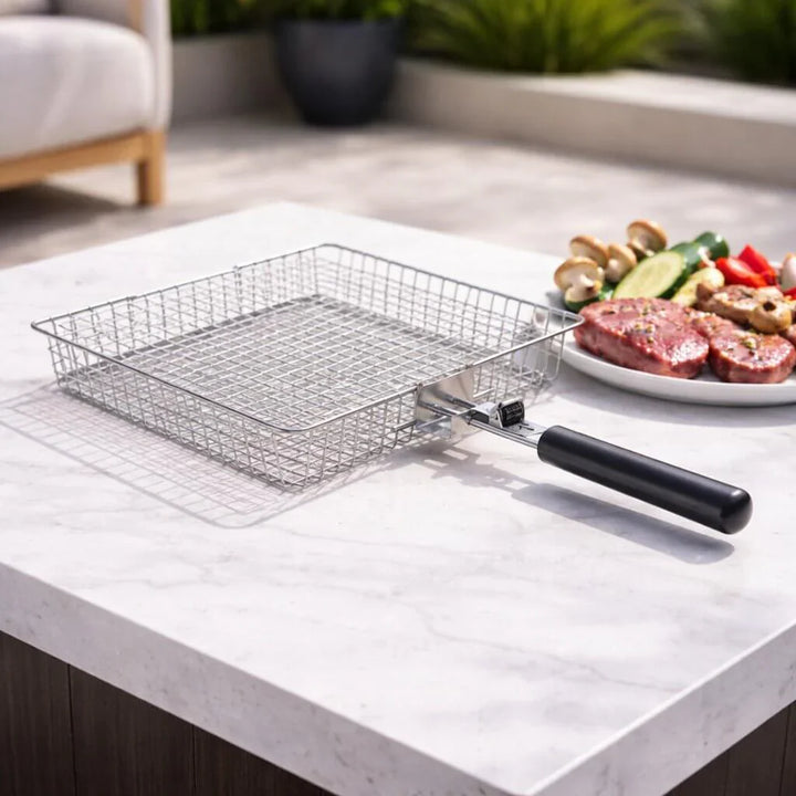 Robuster Edelstahl Fischkorb für schonendes Grillen von Fisch & Meeresfrüchten. Einfache Handhabung, tolle Grillergebnisse.