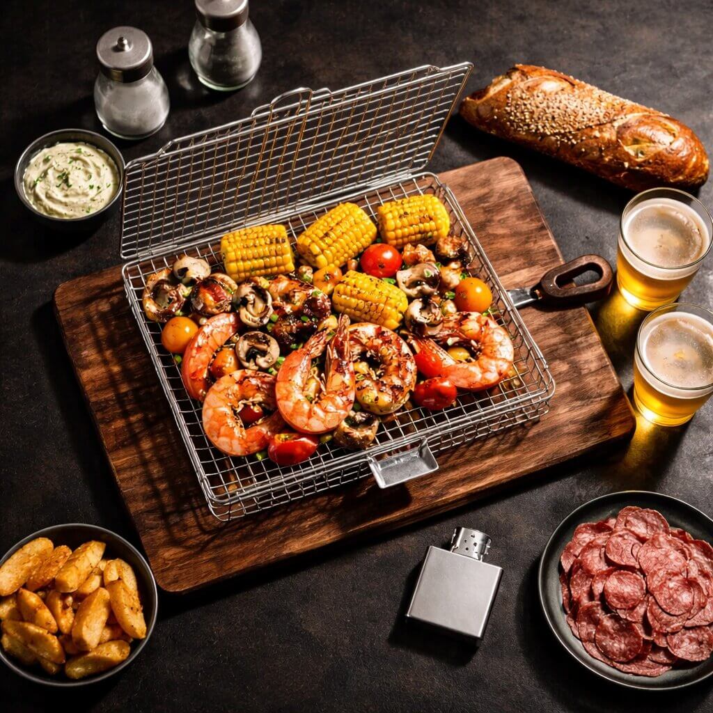 Praktischer Edelstahl Grillkorb, ideal für Gemüse, Fisch & kleinere Stücke. Robustes & pflegeleichtes Grillzubehör.