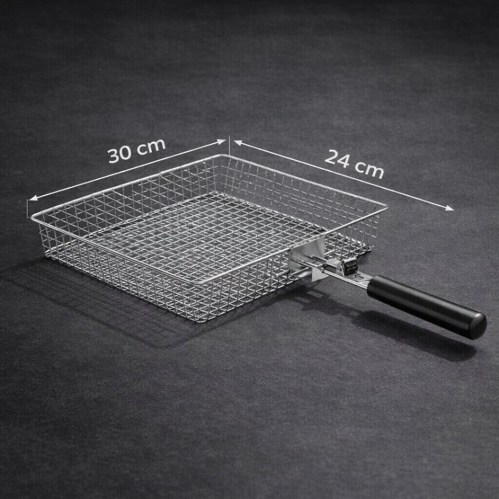Eleganter Edelstahl Grillkorb für den Garten. Perfekter Helfer für Ihr Grillvergnügen, ideal für Sommerabende.