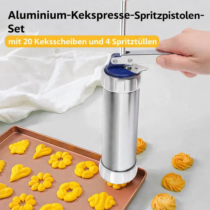 Professionelle Edelstahl Keks-Presse als Küchenhelfer für einfaches und schnelles Backen von Keksen.