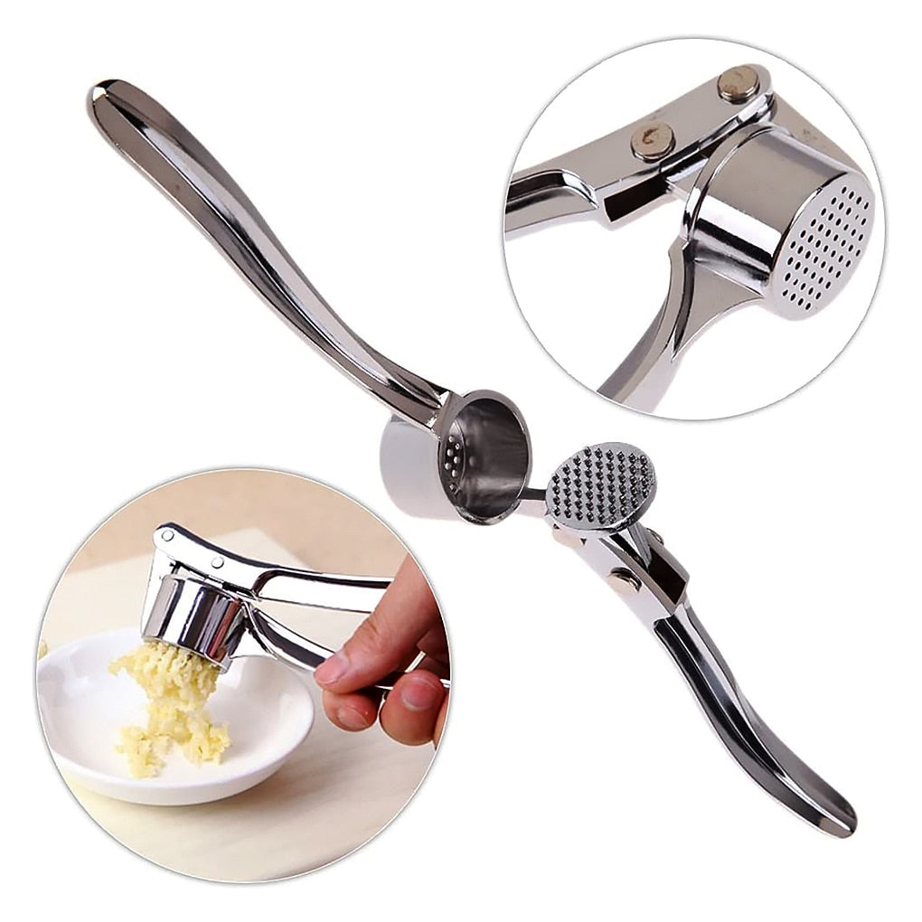 Ergonomische Knoblauchpresse aus Edelstahl, für leichtes Pressen frischer Knoblauchzehen und Ingwer.