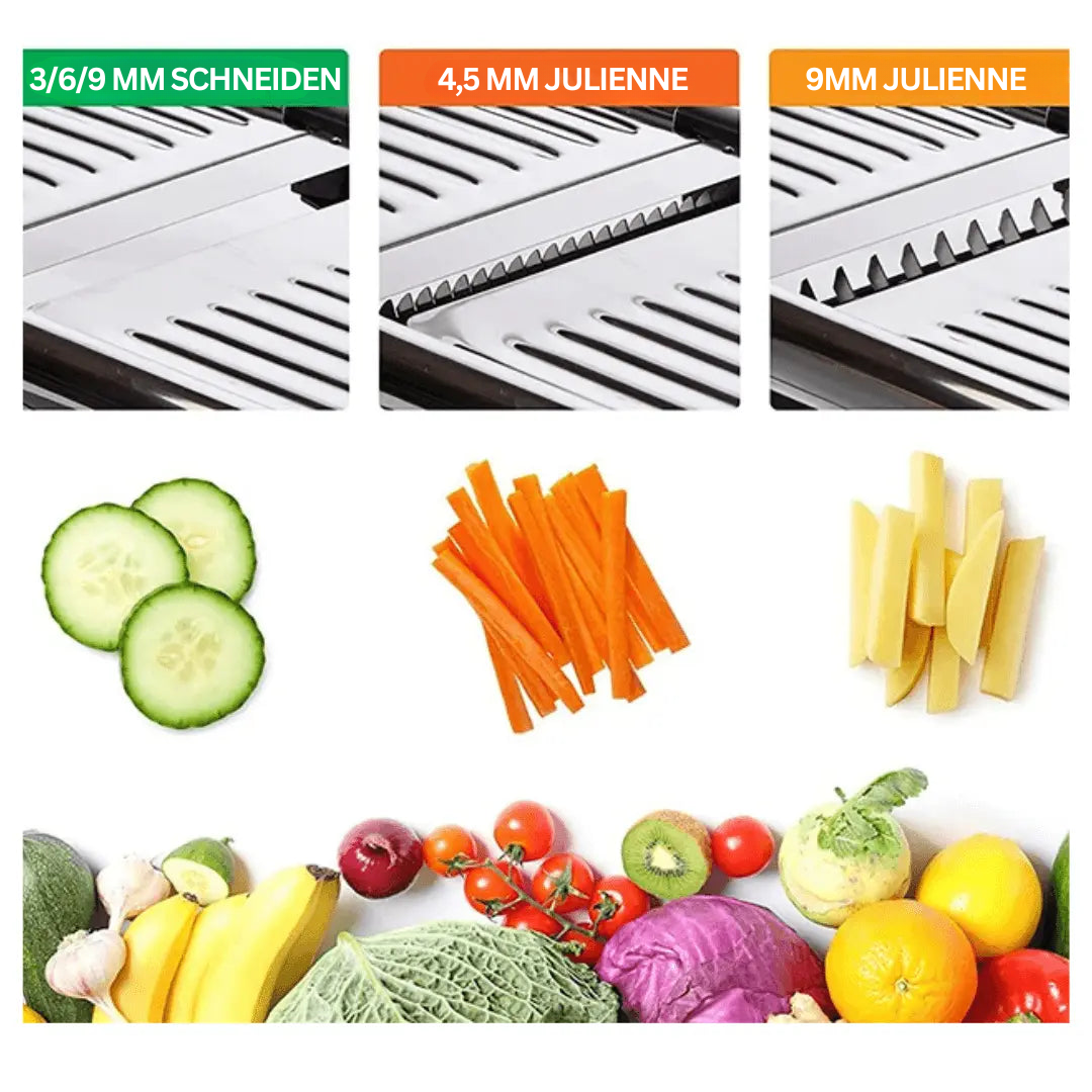 Robuste Edelstahl Mandoline für perfekte Scheiben; vielseitiger Gemüseschneider und Obsthobel für Ihre Küche.