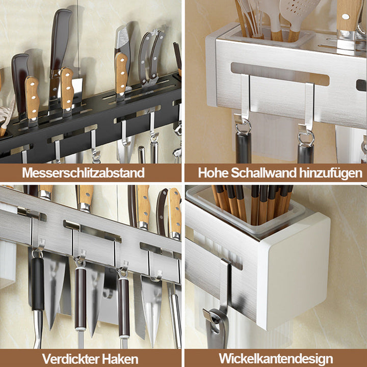 Detailansicht: Wandmontierter Edelstahl Messerhalter, glatte Oberfläche, sichere Messeraufbewahrung in der Küche.