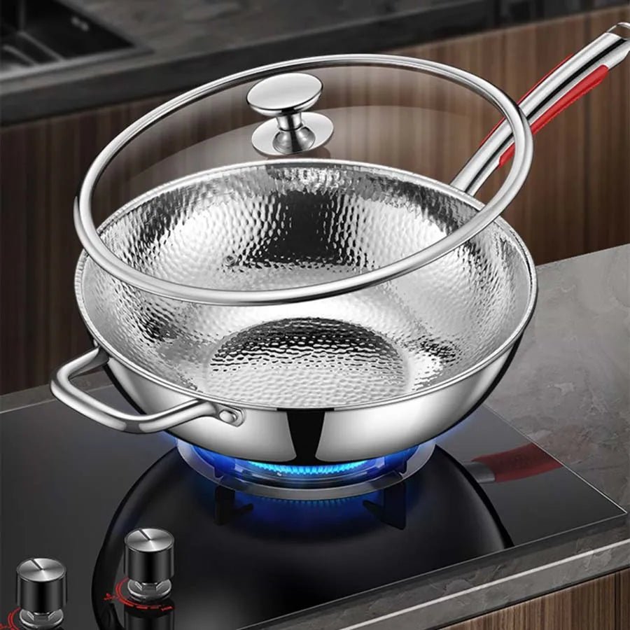 Hochwertiger Edelstahl Wok mit Rundboden, langlebig und perfekt zum Kochen und Braten in jeder Küche.