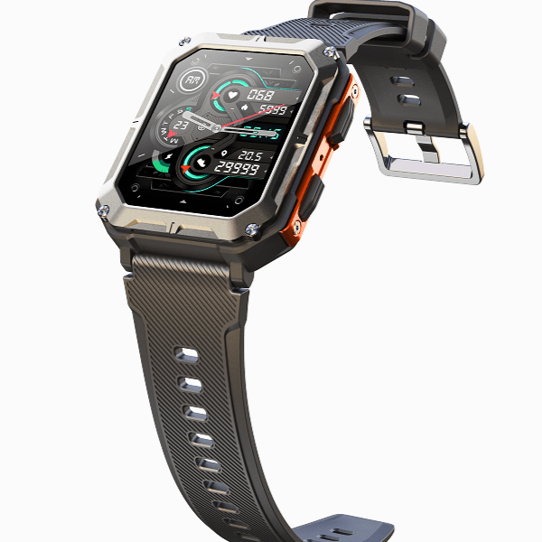 Nahaufnahme einer digitalen Herren Smartwatch mit Herzfrequenz-Anzeige und Kalorienverbrauch-Tracking.