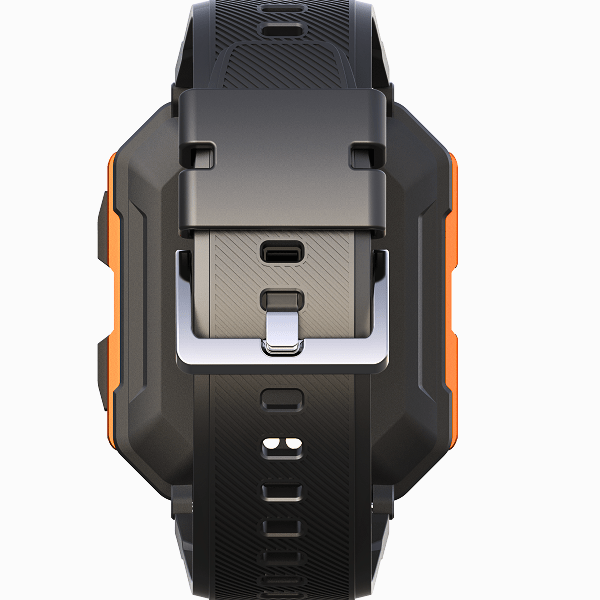 Detailansicht der Rückseite einer Edelstahl Smartwatch, Sensoren für Gesundheits- und Fitnessdaten sichtbar.