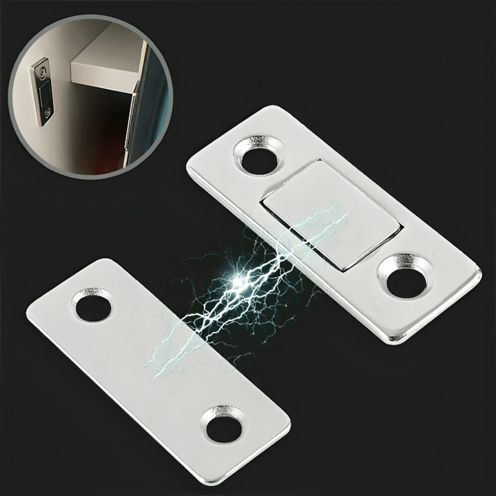 SlimLock Türsicherung aus Edelstahl, einfache Montage, bietet Kindersicherung & Haustierschutz.