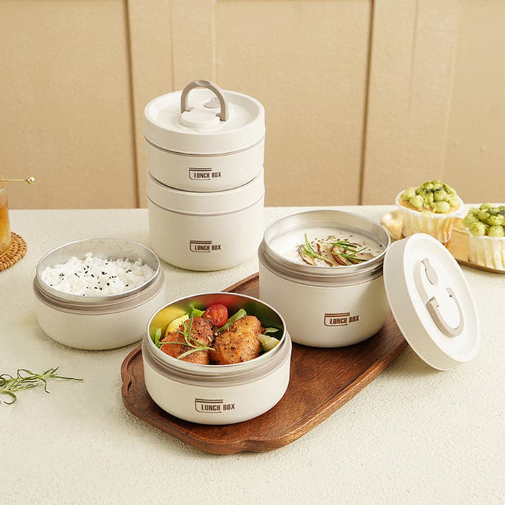 Edelstahl-Thermolunchbox für warme Mahlzeiten unterwegs. Perfekt für Büro & Picknick.