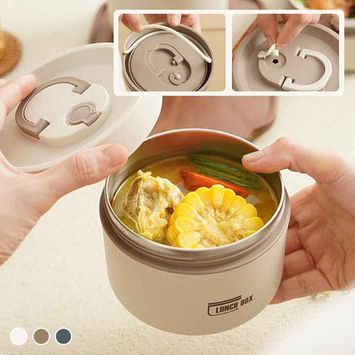 Handliche Edelstahl-Thermolunchbox, ideal für warme Mahlzeiten unterwegs und auf der Arbeit.