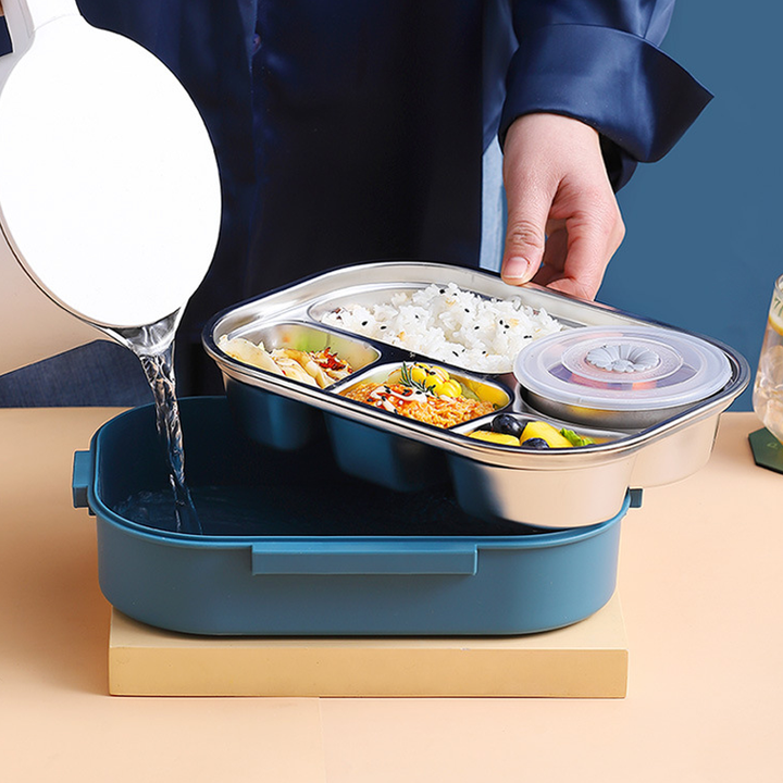 Edelstahl Isolierbox mit integrierter Suppenschüssel und Fächern. Genießen Sie warme Mahlzeiten überall.