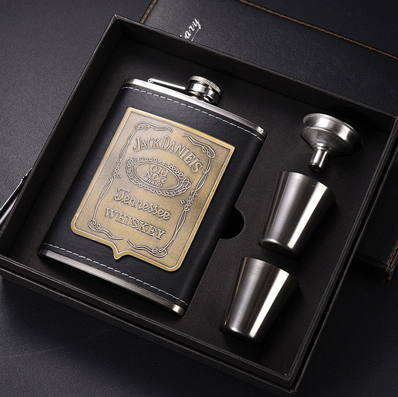 Hochwertiges Edelstahl Hüftflaschen-Set mit Trichter in edler Geschenkbox für Herren.