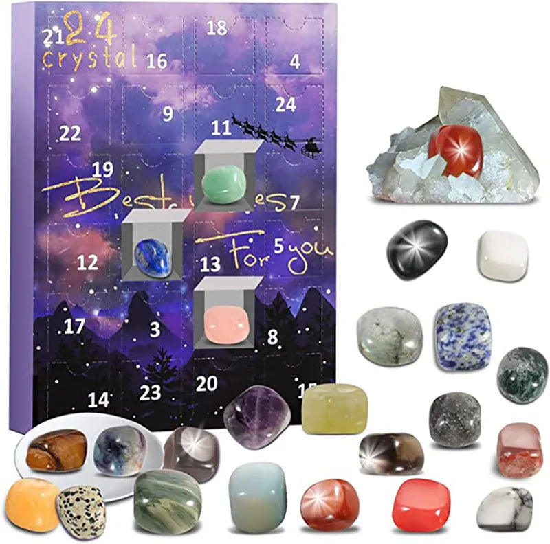 Auswahl an Edelsteinen & Mineralien aus dem Kinder-Adventskalender, perfekt als Weihnachtsgeschenk und Lernspielzeug.
