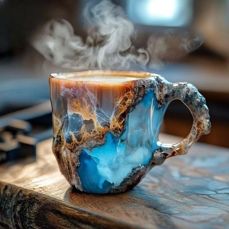 Mineralkristall-Tasse gefüllt mit Tee, daneben Kaffeebohnen. Vielseitiges Heißgetränke-Accessoire.
