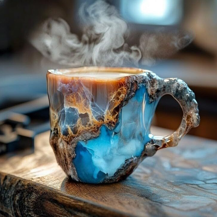Mineralkristall-Tasse gefüllt mit Tee, daneben Kaffeebohnen. Vielseitiges Heißgetränke-Accessoire.