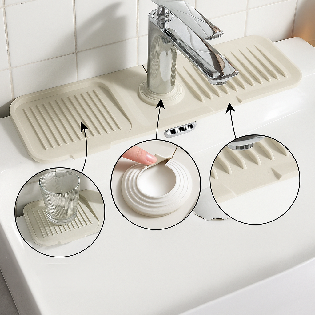 Effektiver Silikon Spritzschutz für Spülbecken, hält die Küche trocken und sauber vor Wasserspritzern.