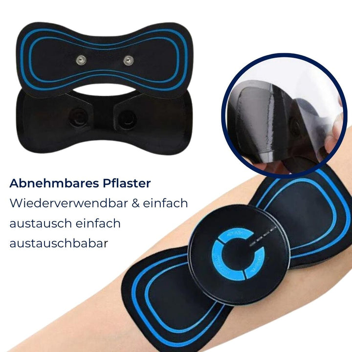Nahaufnahme des Massagegeräts, gezielt auf Muskeln für schnelle Linderung von Schmerzen und Verspannungen.