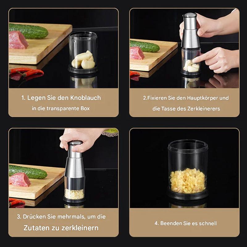 Elegante Knoblauchpresse aus Edelstahl auf Küchentheke, bereit für schnelles Zerkleinern beim Kochen.