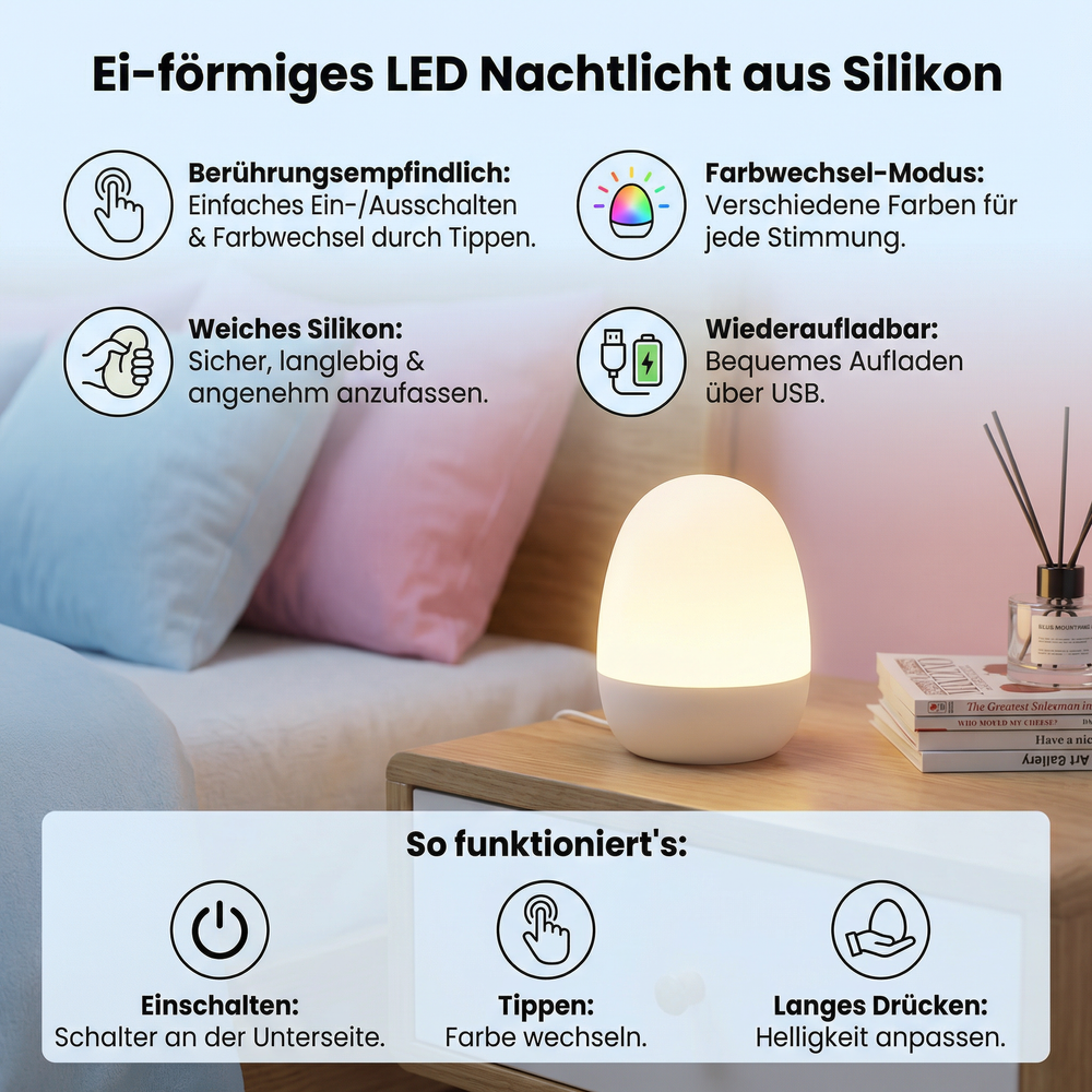 Dimmbares ei-förmiges Silikon LED Nachtlicht mit Touch-Bedienung, ideal als Entspannungs- oder Wohlfühllicht.