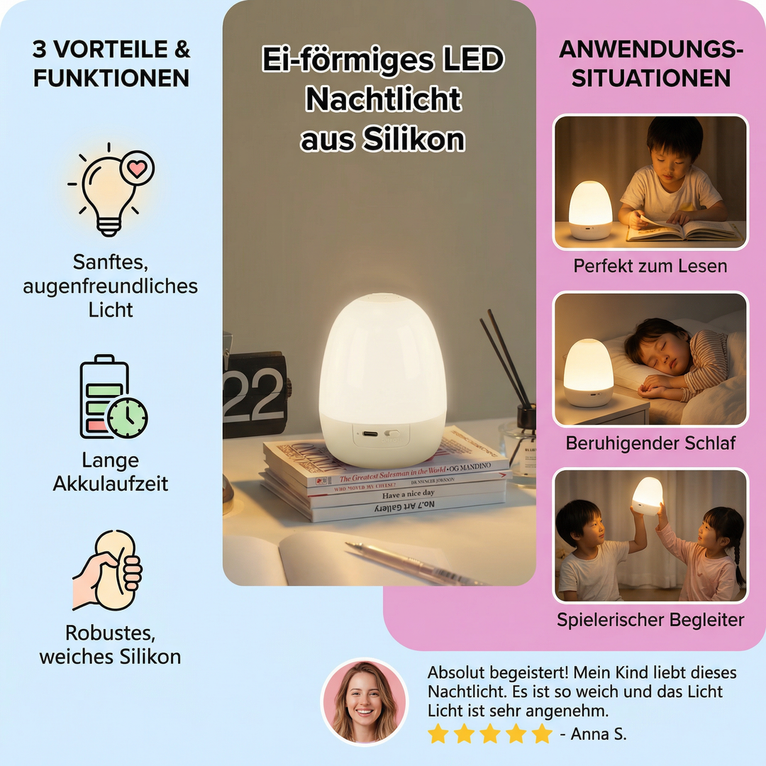 Weiches, ei-förmiges Silikon LED Nachtlicht, perfekt für beruhigendes Licht im Schlafzimmer oder Kinderzimmer.