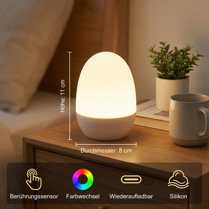 Elegantes ei-förmiges Silikon LED Nachtlicht, das warmes, beruhigendes Licht in jeden Raum bringt.