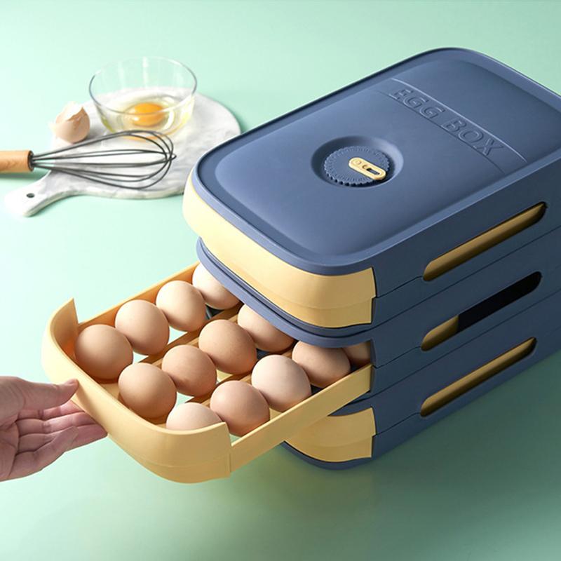 Praktischer PP Eierbehälter mit Schiebefunktion, automatische Eierausgabe im Kühlschrank, platzsparend.