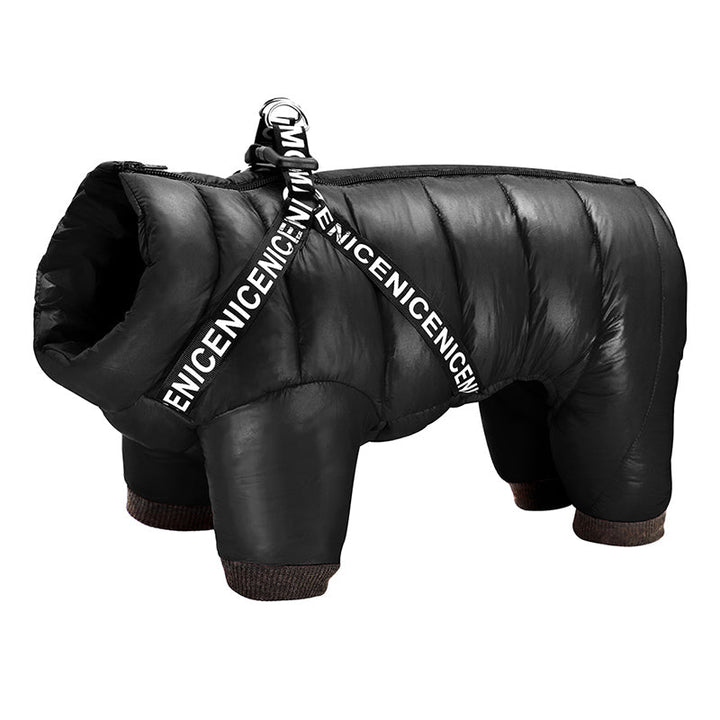 Schwarze hundejacke mit reflektierenden elementen für sicherheit, eine warme hundebekleidung für den winter hund.