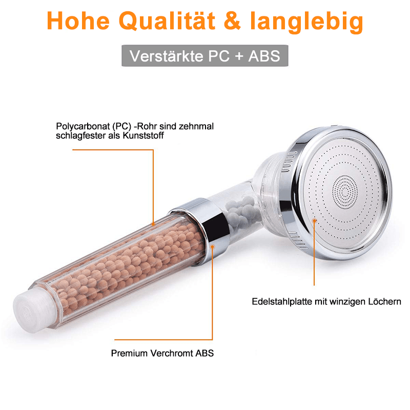 Ergonomische Handbrause mit Ionenfiltertechnologie zur Wasserfilterung, für eine angenehme Dusche & Hautpflege.