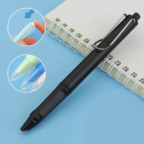 Hand schreibt mit einziehbarem Füllfederhalter & Klickmechanismus. Sanftes Schreiben für Journaling & Notizbuch.
