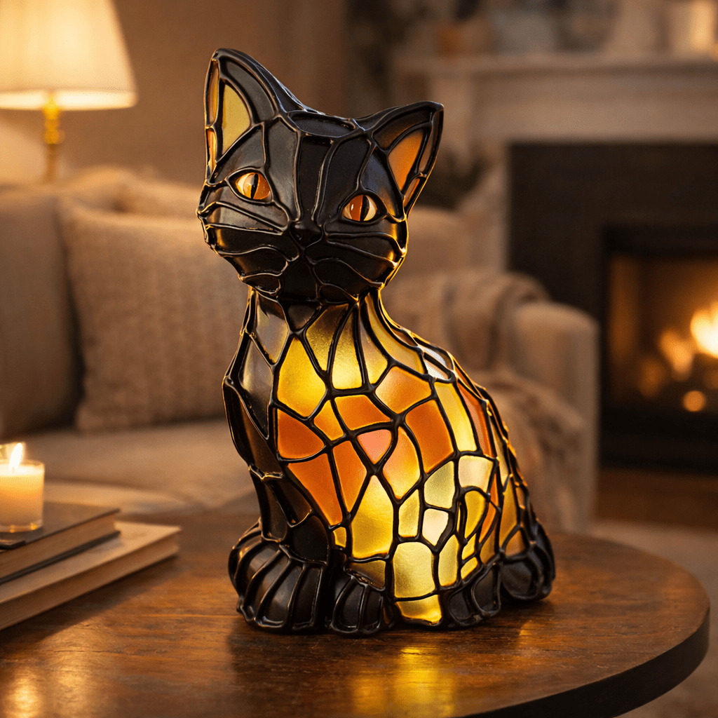 Einzigartige Tiffany-Stil Katzenlampe aus Harz, die warmes Stimmungslicht für eine gemütliche Wohndekoration erzeugt.
