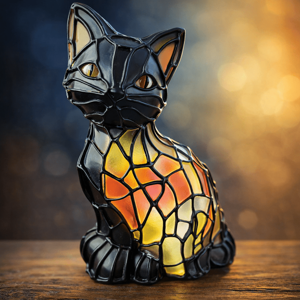 Dekorative Katzenlampe im Tiffany-Stil als Kunstobjekt; ein perfektes Geschenk für Katzenliebhaber mit warmem Licht.