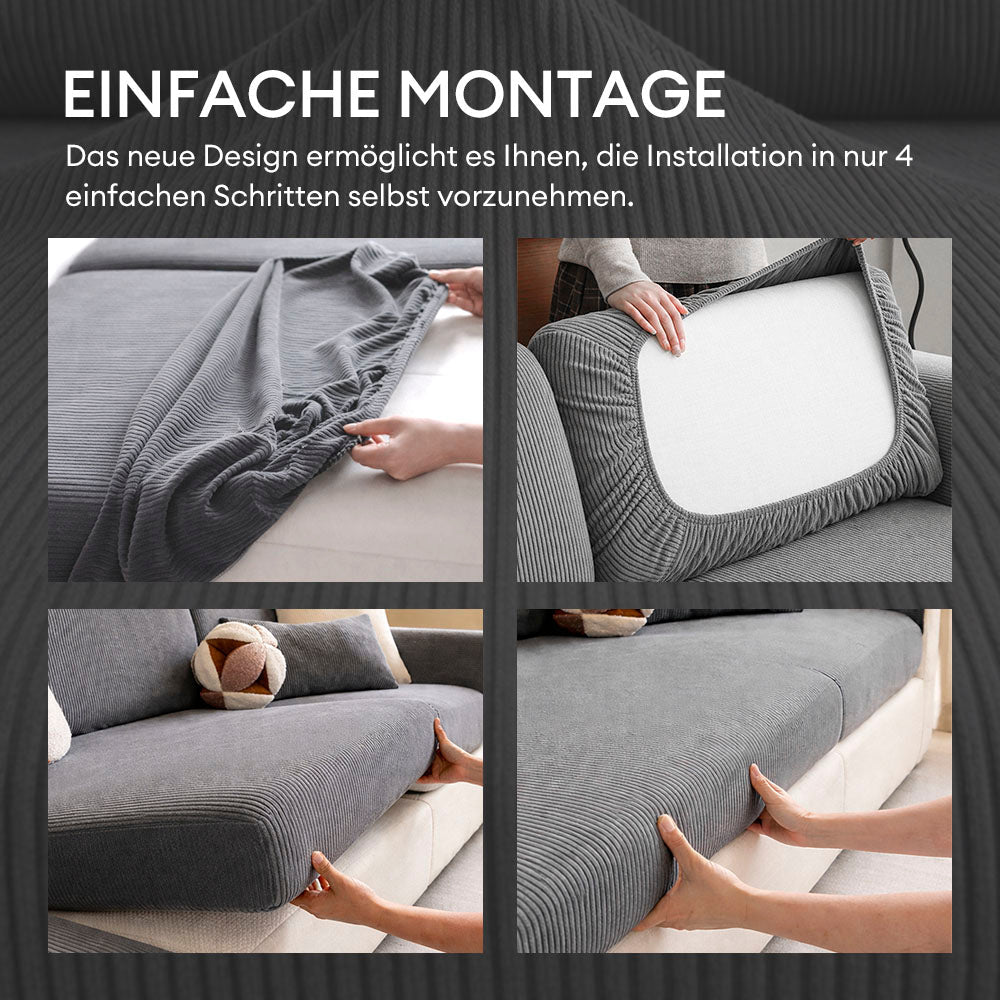 Hochwertiger elastischer Cord-Jacquard-Schonbezug mit Streifen; pflegeleichter & robuster Sofaüberwurf.