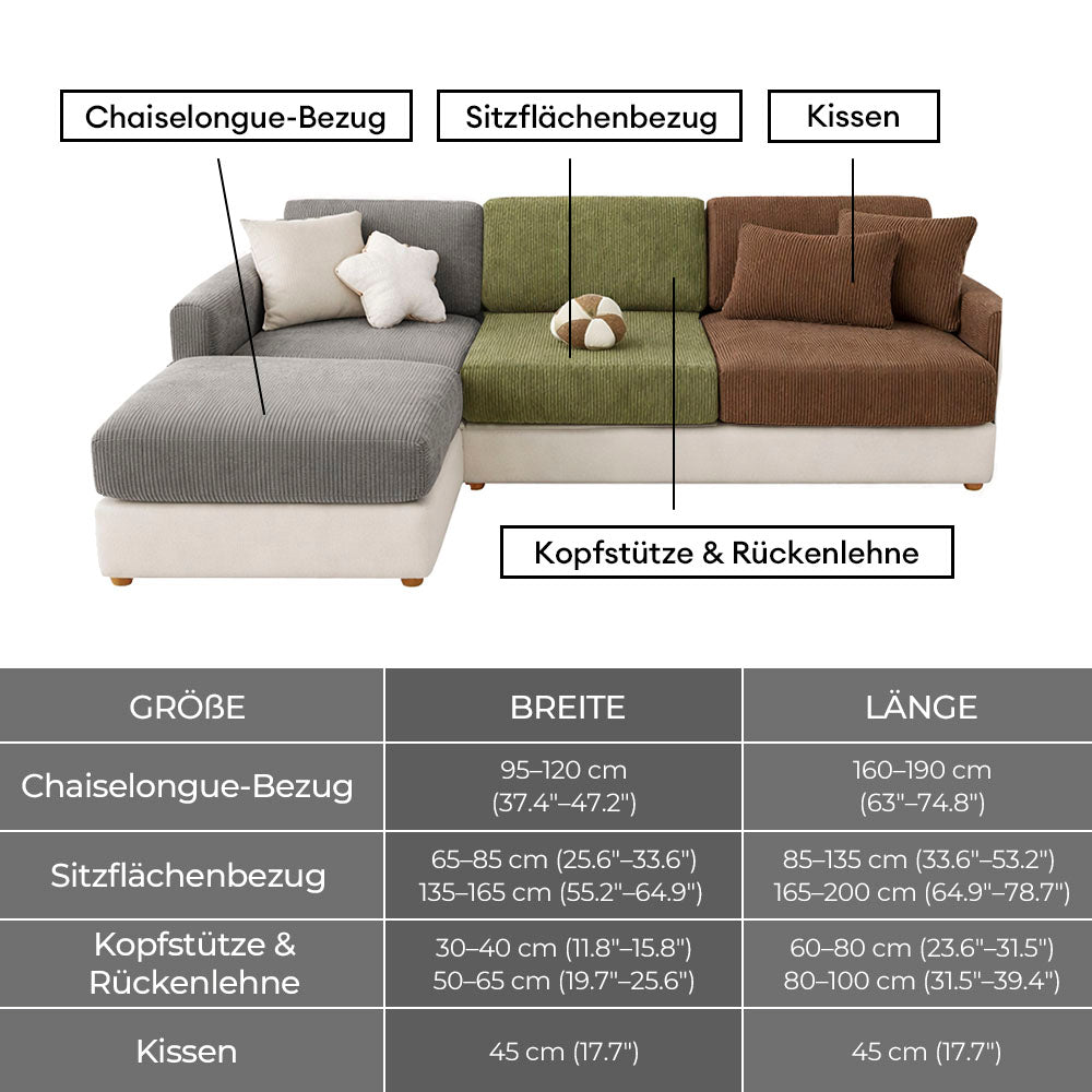 Eng anliegender, elastischer Cord-Sofabezug mit Streifen; einfache Montage für einen frischen Look.