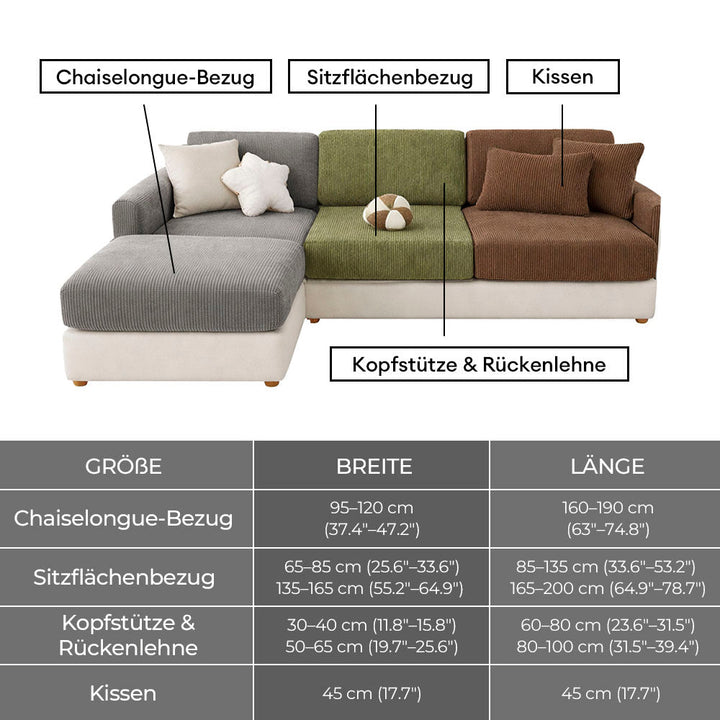 Eng anliegender, elastischer Cord-Sofabezug mit Streifen; einfache Montage für einen frischen Look.