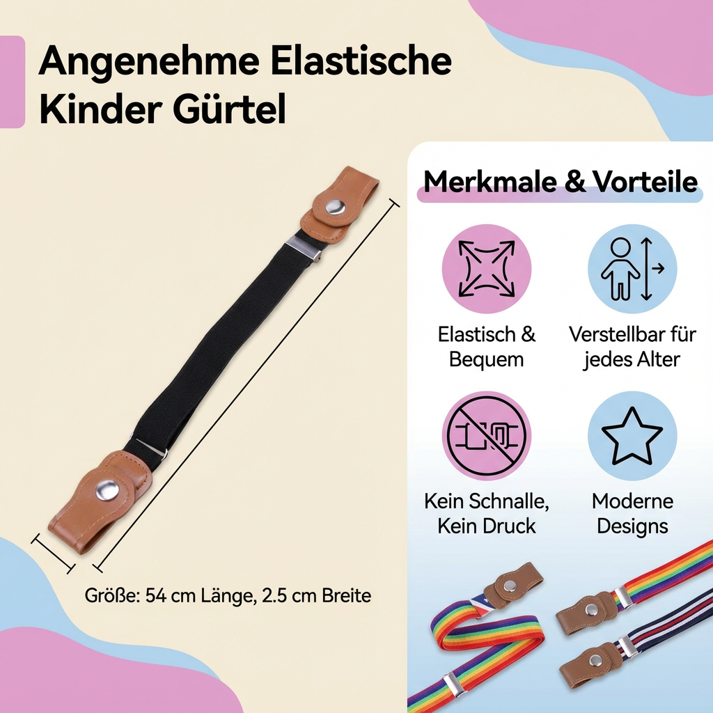 Verstellbarer Kindergürtel, dehnbar und strapazierfähig, sorgt für perfekten Halt bei allen Aktivitäten.