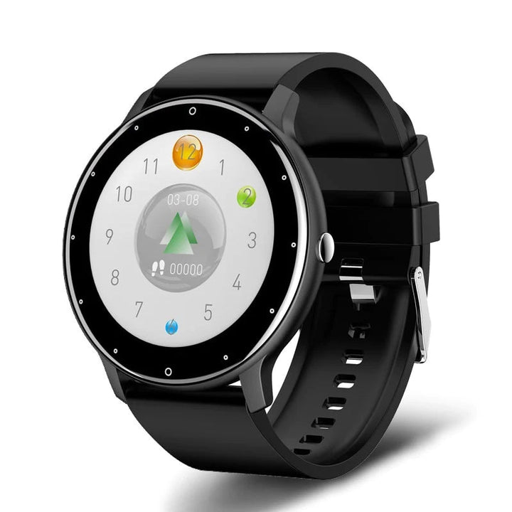 Schwarze 360° FITSmartwatch in Nahaufnahme. Stilvolle Fitness- und Sportuhr mit smarten Funktionen.