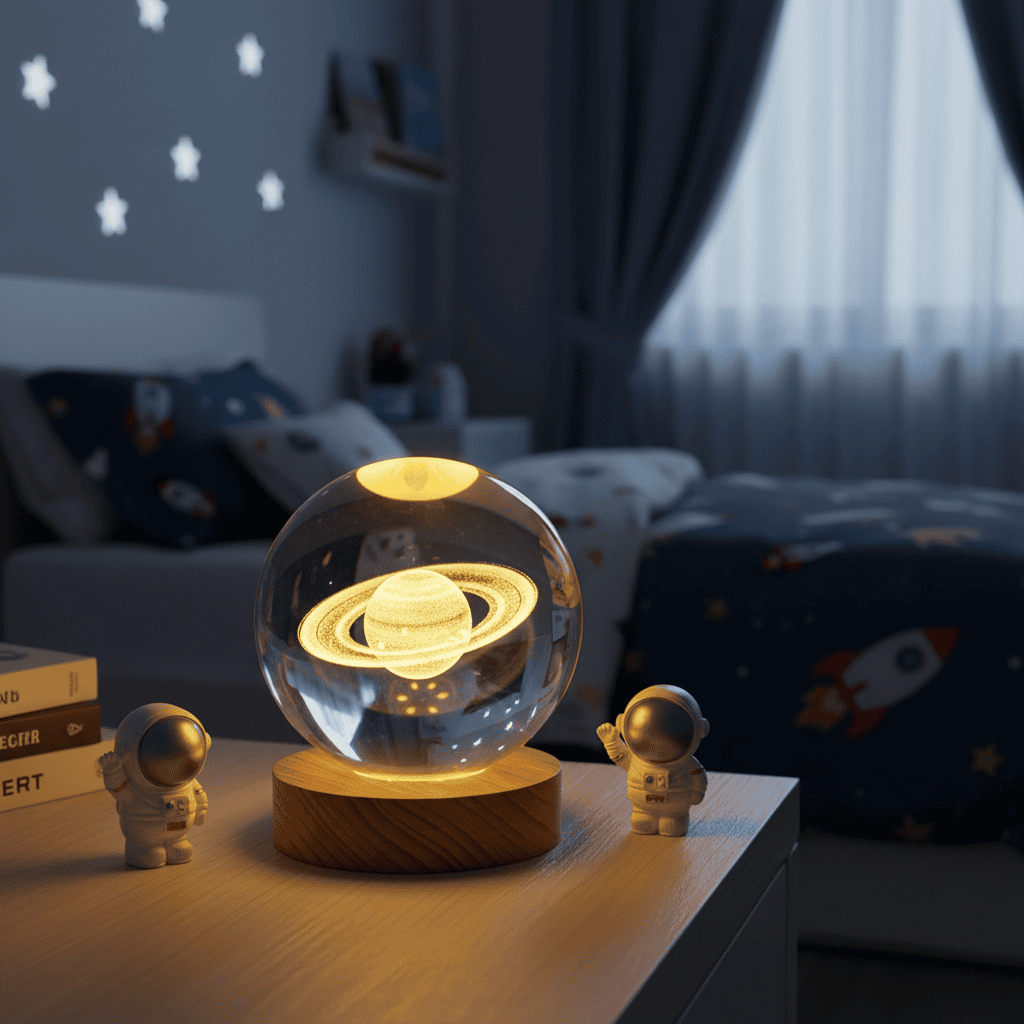 Luxuriöse Kristall-Nachtlampe mit 3D-LED-Effekt; ideal für Wohnzimmer-Ambiente.