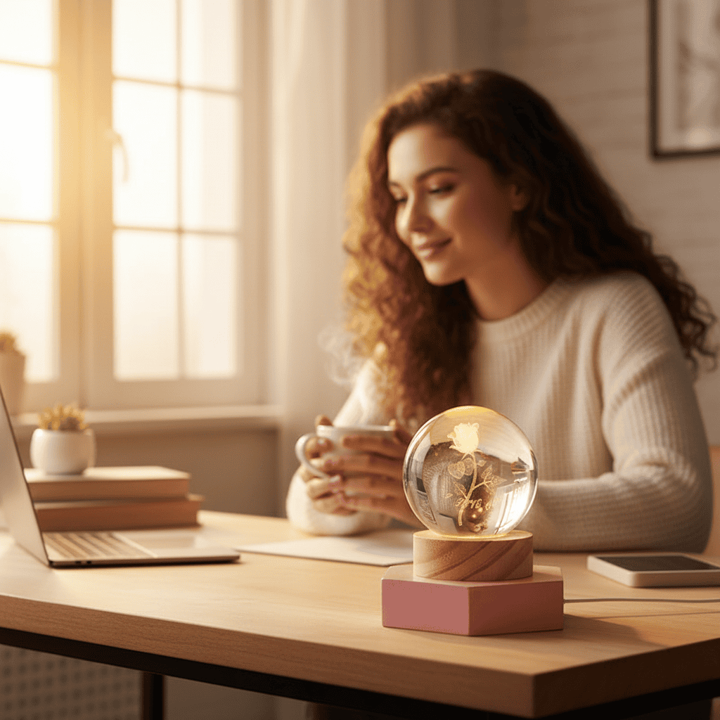 Moderne USB-Nachtlampe aus Kristallglas, erzeugt ein warmes 3D-LED-Stimmungslicht.