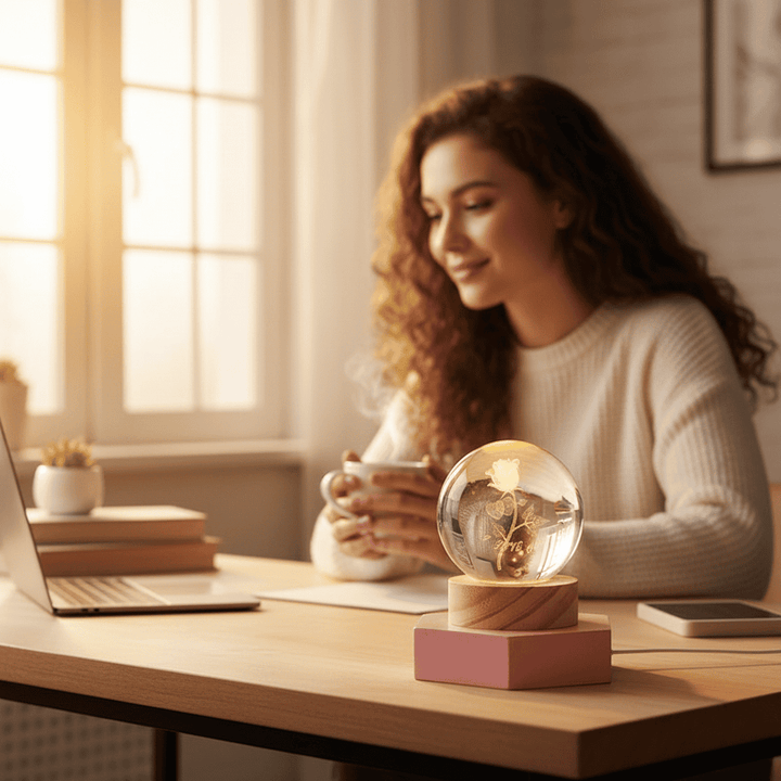 Moderne USB-Nachtlampe aus Kristallglas, erzeugt ein warmes 3D-LED-Stimmungslicht.