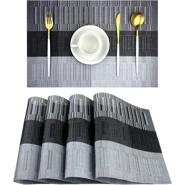 Hitzebeständige, pflegeleichte 4er-Set PVC Tischsets in Braun/Silber. Perfekt für Esstisch & Küche.