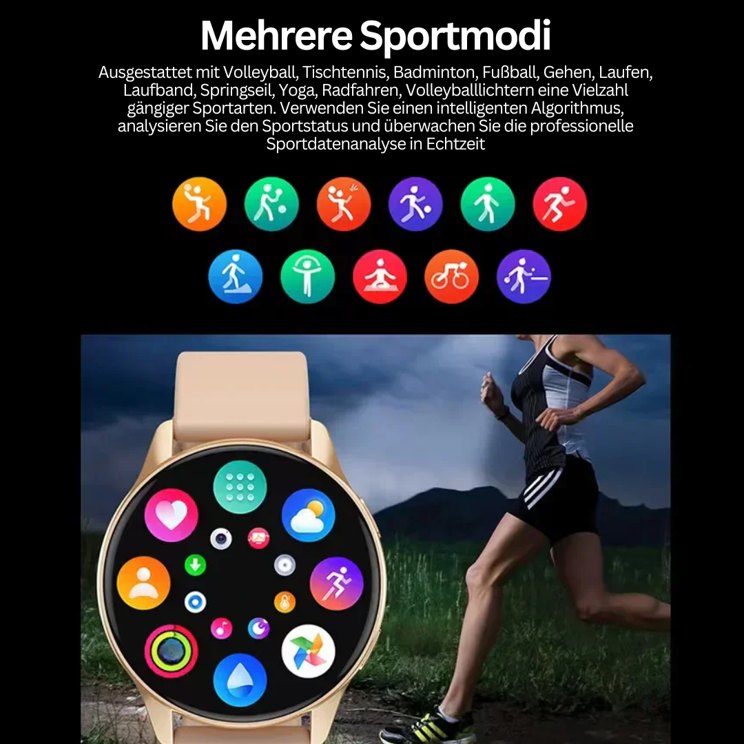 Damen Aktivitätstracker Smartwatch für Sport und tägliche Bewegung, mit wasserfestem Gehäuse.