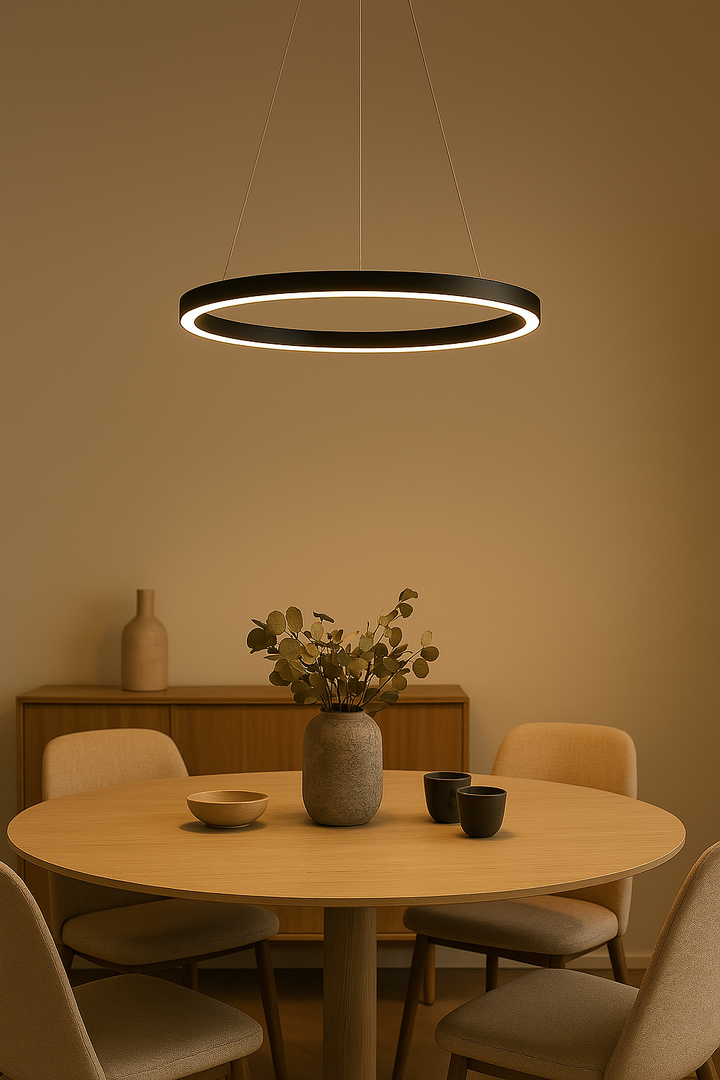SkyRing LED-Hängeleuchte dimmbar, modern, minimalistisch, aus Aluminium, warmweiß, als Wohnzimmerlampe.