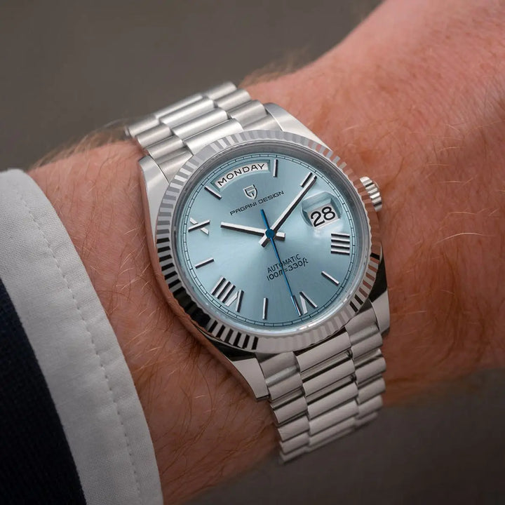 Dominus Herren Automatikuhr mit klarem Zifferblatt. Eine klassische, wasserdichte Luxusuhr aus Edelstahl für Männer.