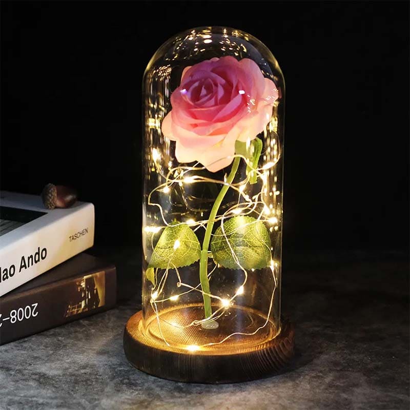 Wunderschöne ewige Rose in Glasglocke, zeitlose Kunstblume für stilvolle Inneneinrichtung und romantisches Ambiente.