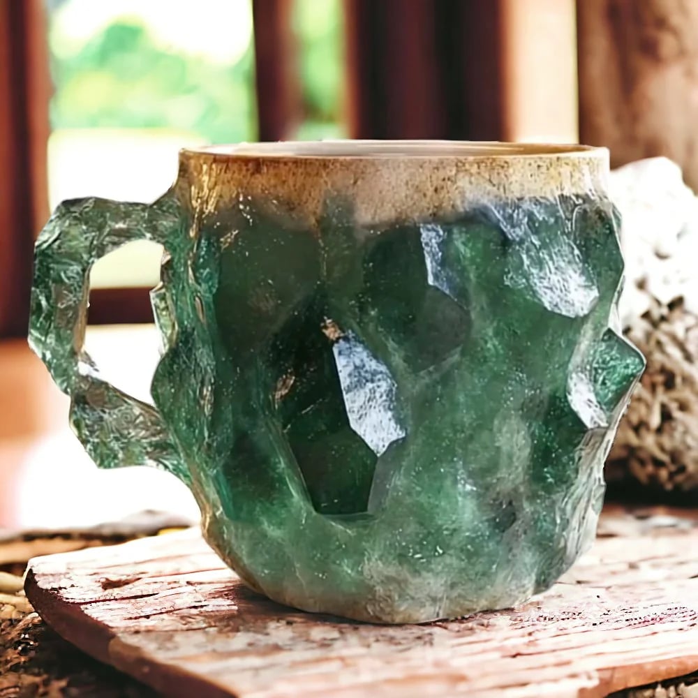 Nahaufnahme einer glänzenden Kristall Kaffeetasse mit elegantem Schliff, luxuriöses Trinkglas für Ihr Zuhause.