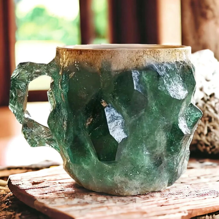 Nahaufnahme einer glänzenden Kristall Kaffeetasse mit elegantem Schliff, luxuriöses Trinkglas für Ihr Zuhause.