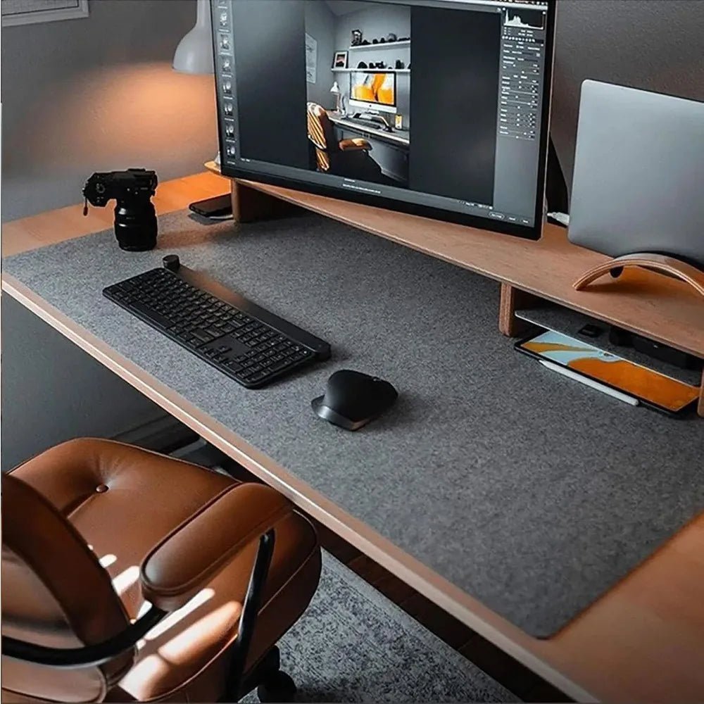 Detailaufnahme der weichen Filz-Schreibtischunterlage, perfekt als Schreib- und Mauspad für ergonomisches Arbeiten.