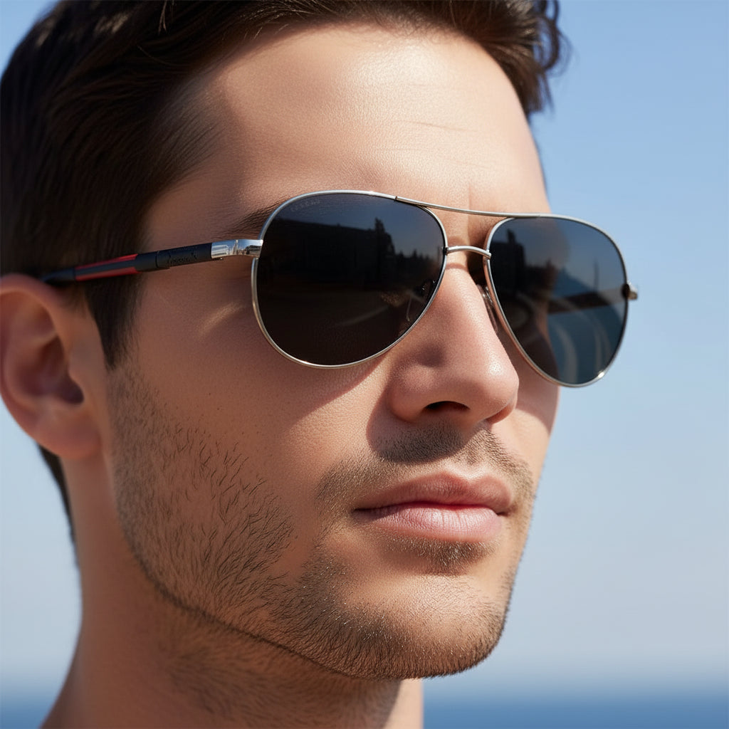 Elegante Herren Sonnenbrille, stilvoll mit UV-Schutz, polarisierte Gläser für klaren Durchblick im Alltag.