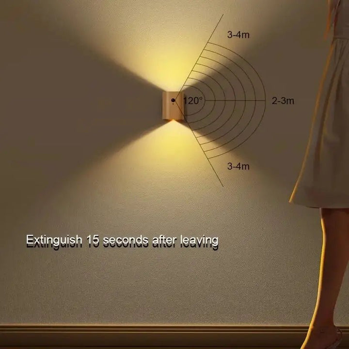 Edle Holz-Wandlampe mit Akku, Bewegungssensor & warmem LED-Licht. Kabelloses Flurlicht/Treppenlicht.
