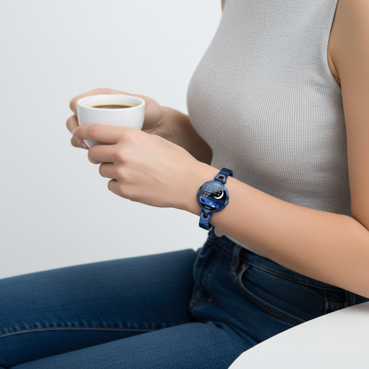 HydroGlow Damen Smartwatch mit Zyklusverfolgung, Benachrichtigungen und personalisierbaren Zifferblättern.