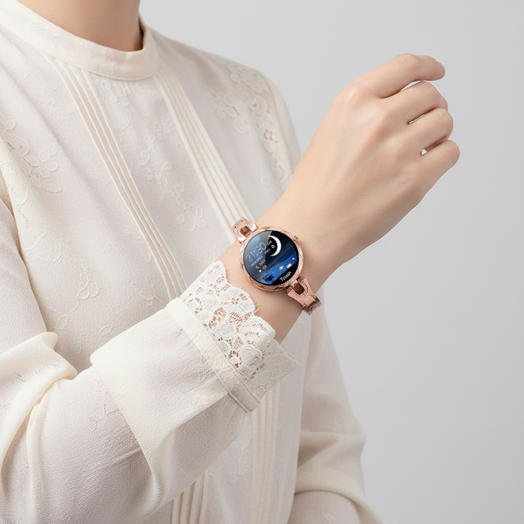 HydroGlow Damen Smartwatch mit hellem Display zeigt Uhrzeit, Schritte und Puls; elegantes Gadget für den Alltag.